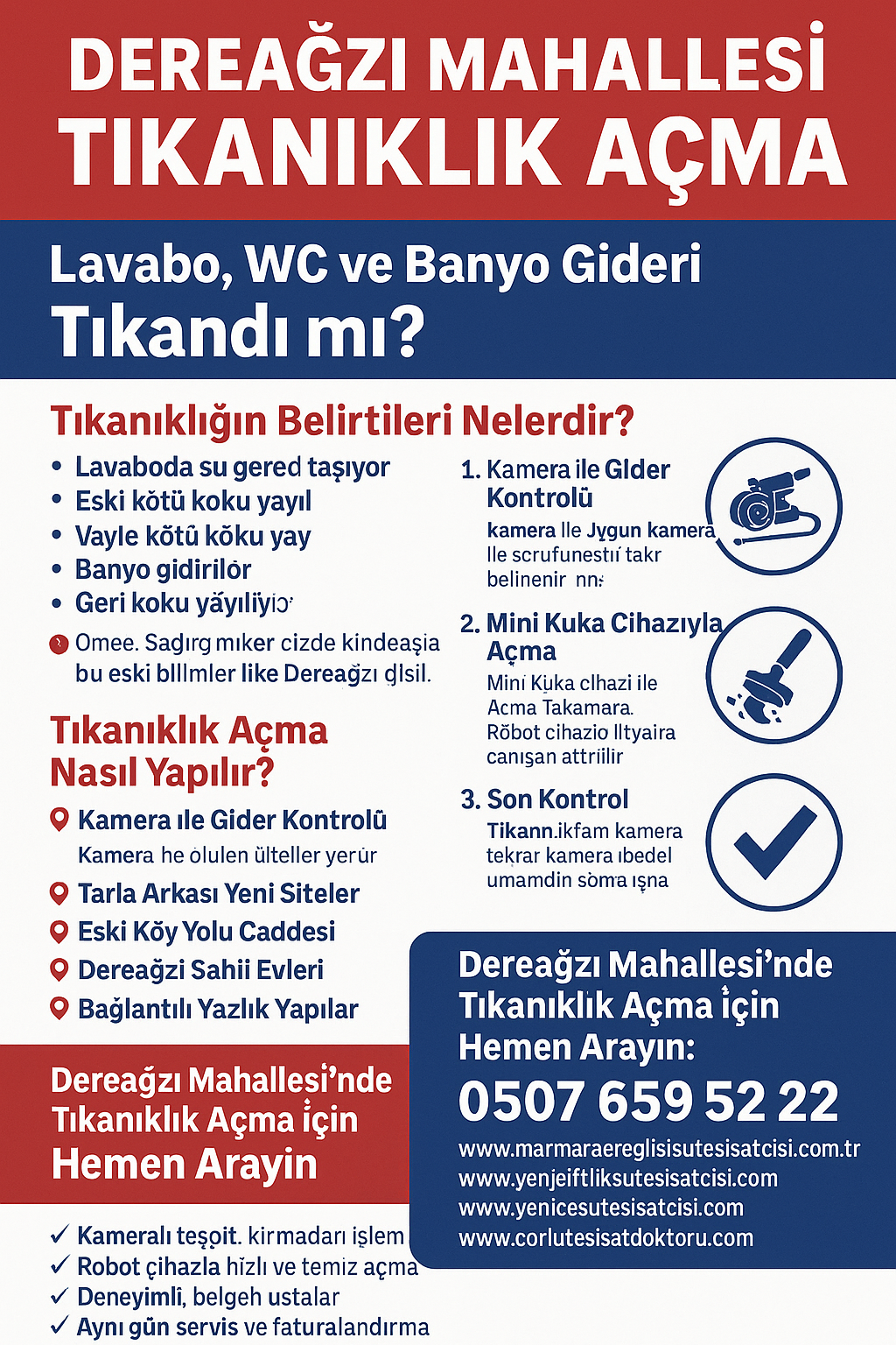 Dereağzı Mahallesi Tıkanıklık Açma – Lavabo, WC ve Banyo Gideri Temizliği