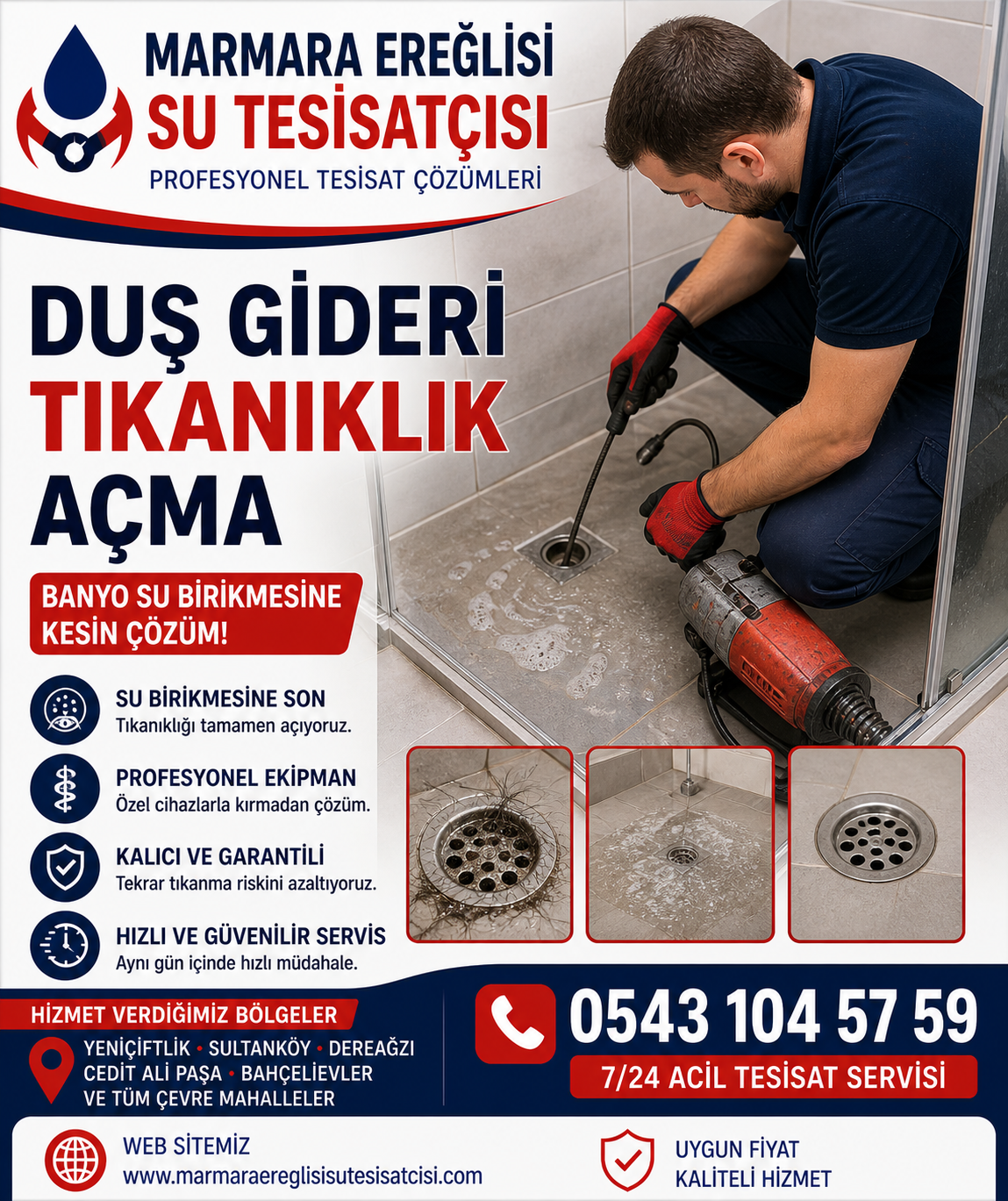 Marmara Ereğlisi Duş Gideri Tıkanıklık Açma Banyo Su Birikmesine Kesin Çözüm 0543 104 57 59